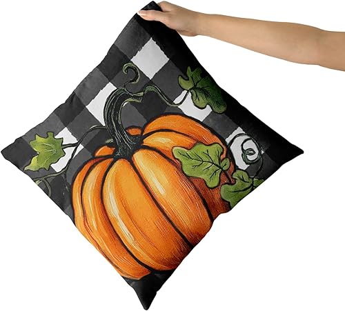 Miniatura 3 de Juego de 2 fundas de almohada de otoño de 18 x 18 pulgadas, diseño de calabaza, negro y blanco, a cuadros, decoración del hogar, cosecha de otoño,