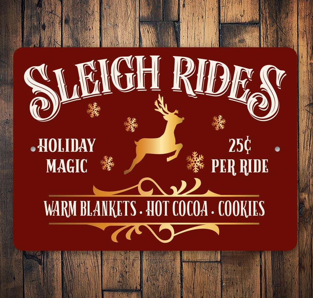 Sleigh Rides Deer Retro Metal Tin Sign for Coffee Shop Bar Pub Bedroom Home Living Room Outdoor or Indoor Wall Decor Gift Warm Blankets Hot Cocoa Cookies Metal Sign 8x12 Inch