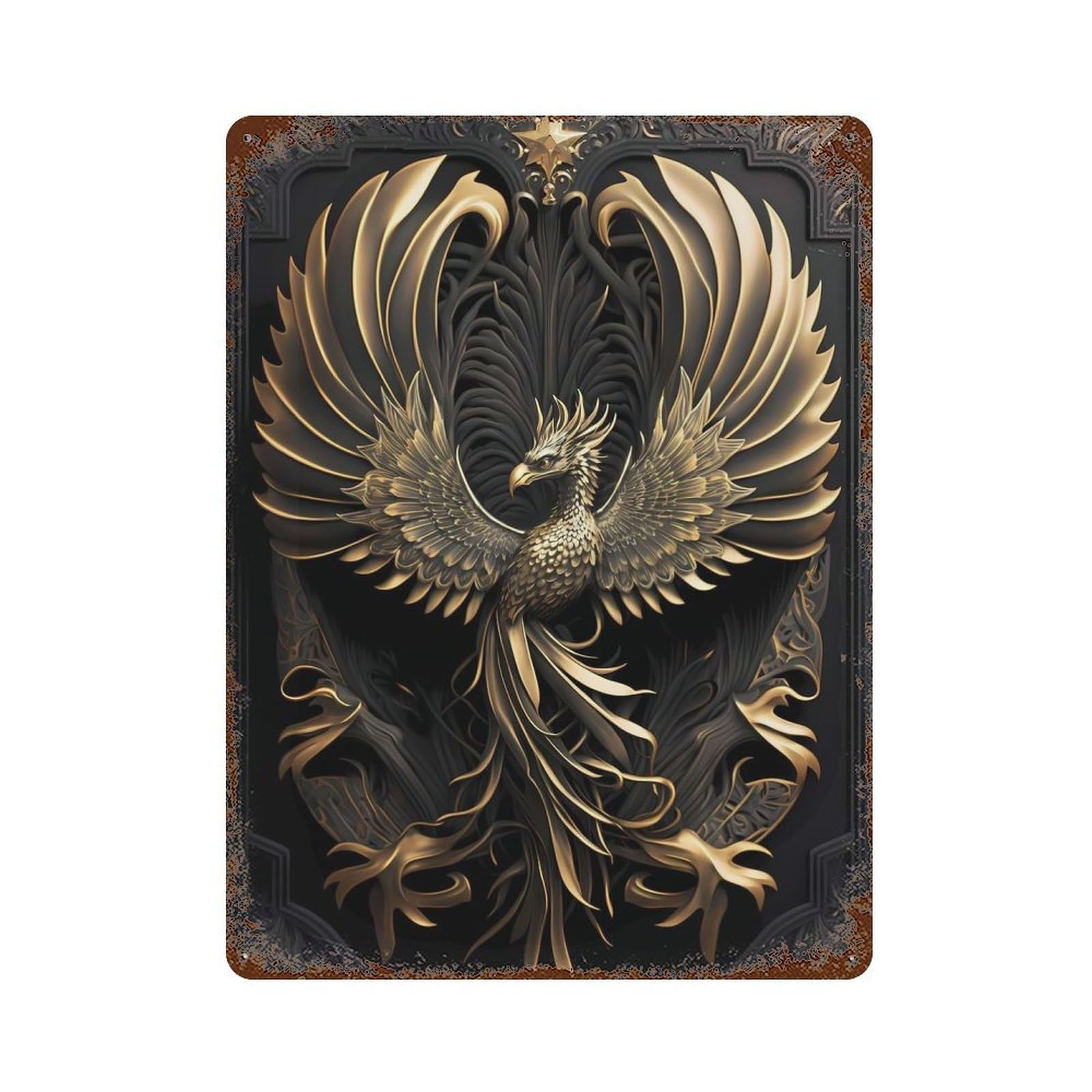 Golden Phoenix Queen Art Rust Effect Tin Sign 15.7"x11.8", Industrial Home Decor for Basement, Hobby Room And Garage Decor