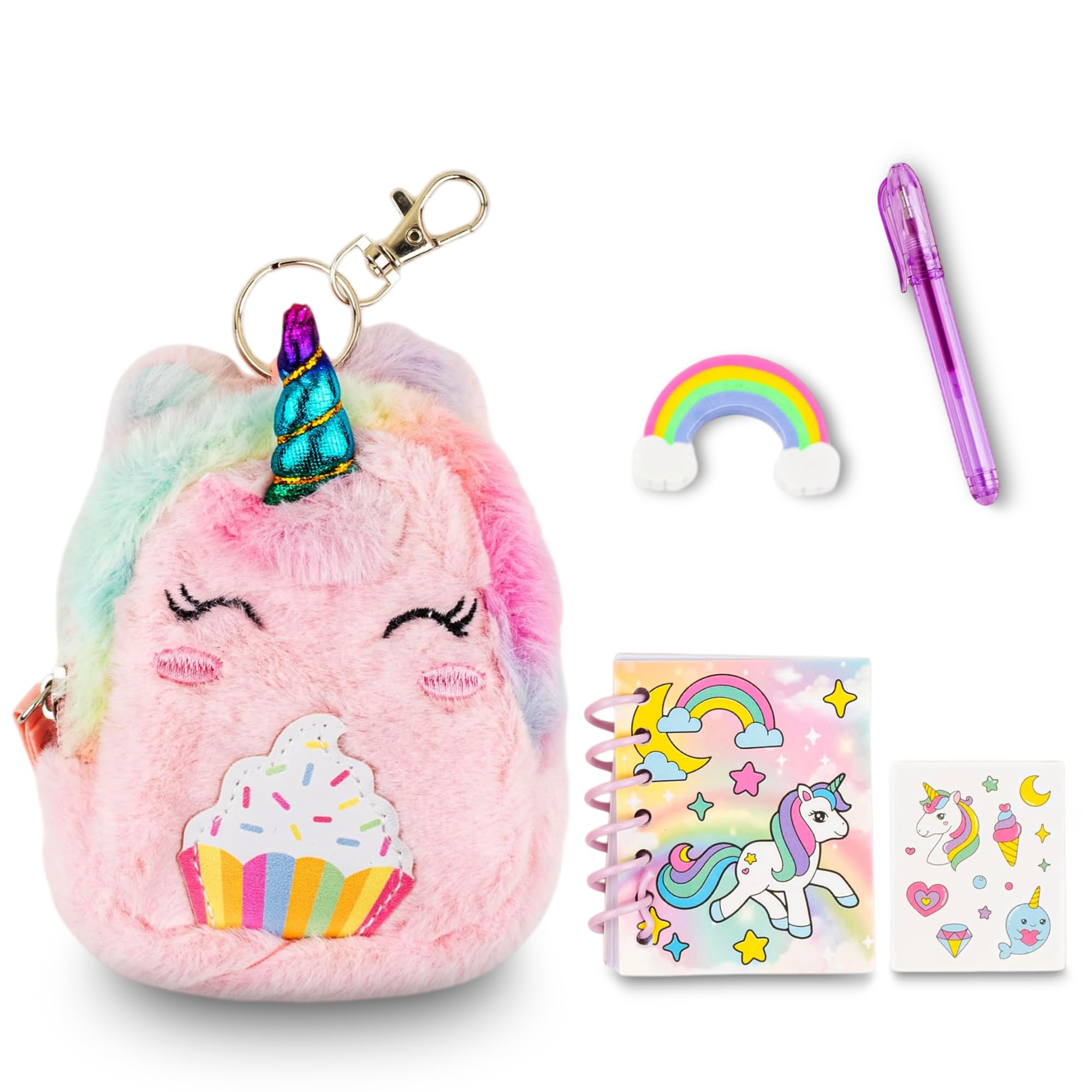 VOTUMUnicorn Keychain Charm for Backpacks, Purses, Handbags, Car Keys with Stationery Set - Includes Mini Notebook, Gel Pen, Eraser, Stickers - Portable & Fun Gift for Tweens Ages 8+