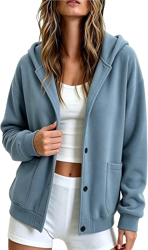 Hooded Button Front Jacket for Women Casual Cardigan With Patch Pockets