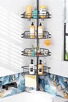HAMITOR 4-Tier Rustproof Tension Pole Shower Caddy - No-Drill Corner Shelf Organizer for Renters, Adjustable 47-121 Inches, Black