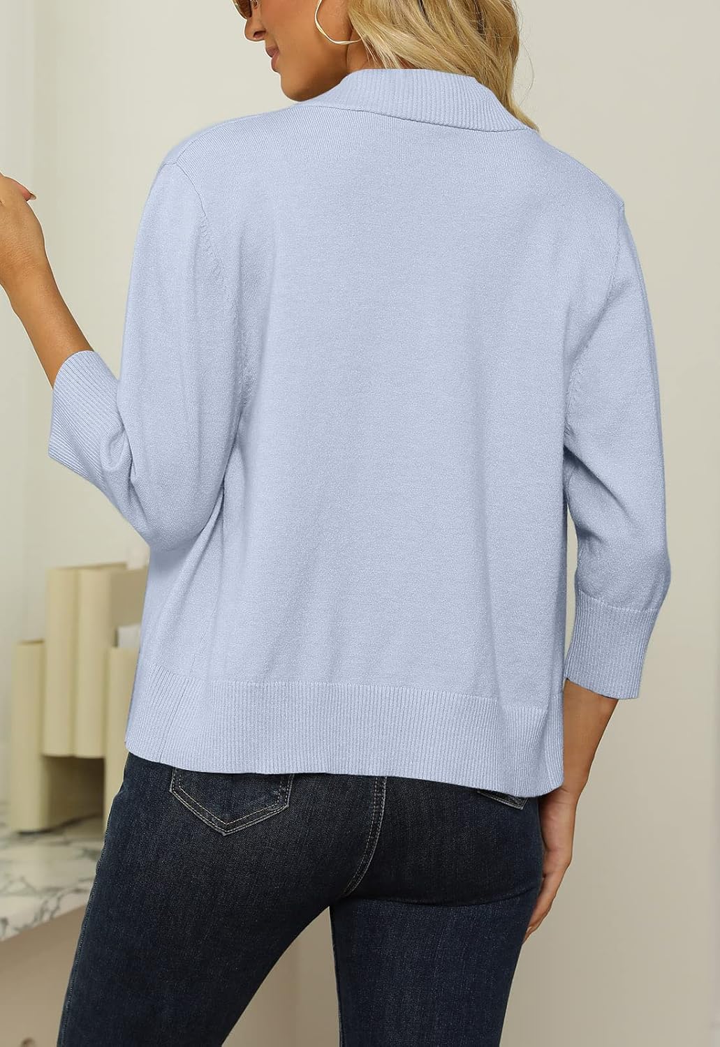 Women's 3/4 Sleeve Cropped Cardigan Sweater Open Front Short Shrugs Cardigans Lightweight Sweaters