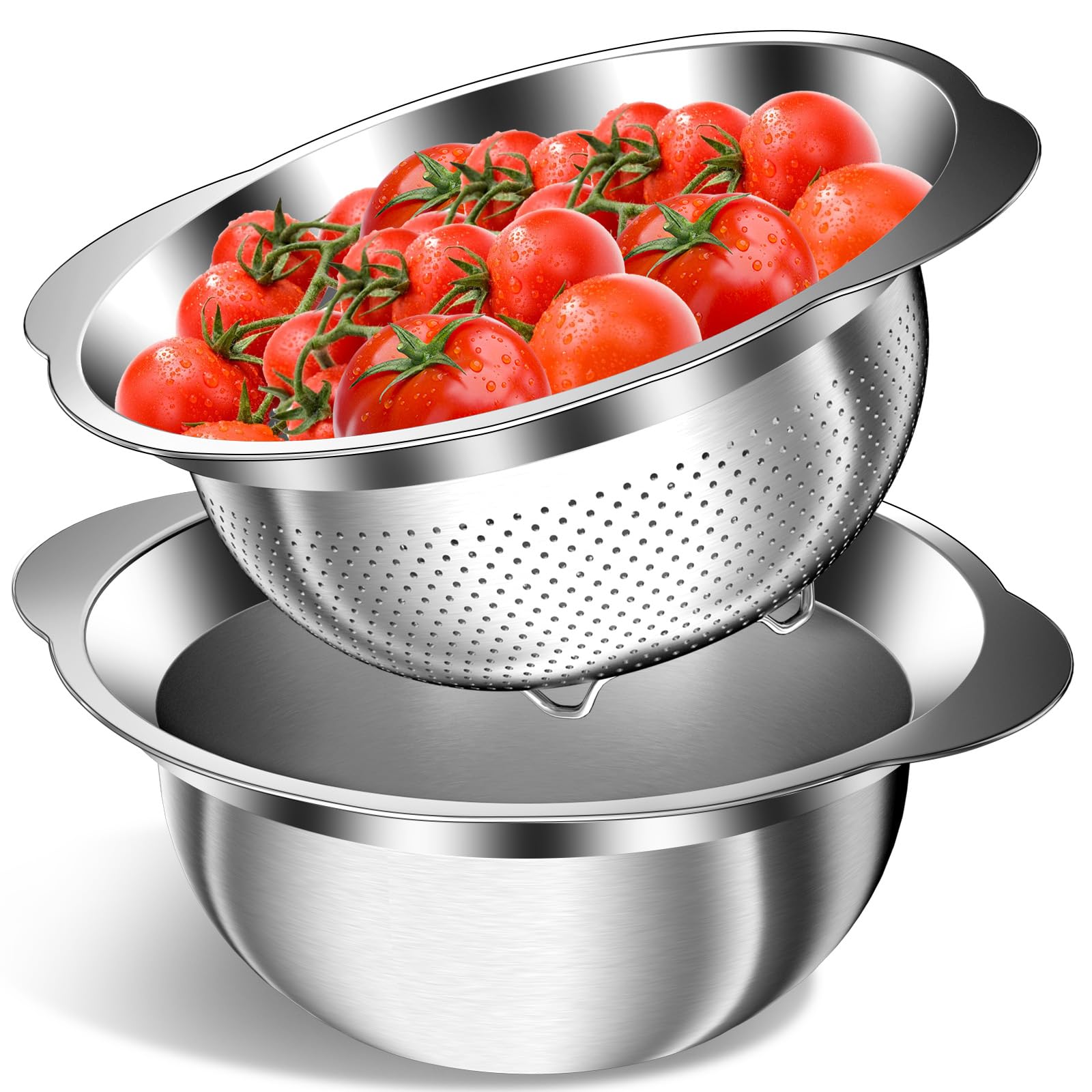 3.5QT Colander with Bowl, Rice Strainer, Stainless Steel Mixing Bowls with Strainer, Pasta Strainer, Colander for Kitchen for Rice Pasta Fruits Vegetables, Rice Cleaner Strainer, Dishwasher Safe