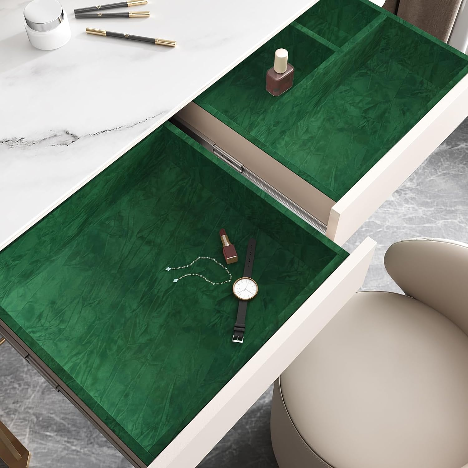 VEELIKE Vintage Green Crushed Velvet Drawer Liner Self Adhesive Soft Felt Lining for Jewelry Boxes Drawers Art Craft DIY Project 15.7''x118'' Peel and Stick Velvet Fabric Wallpaper Green Contact Paper