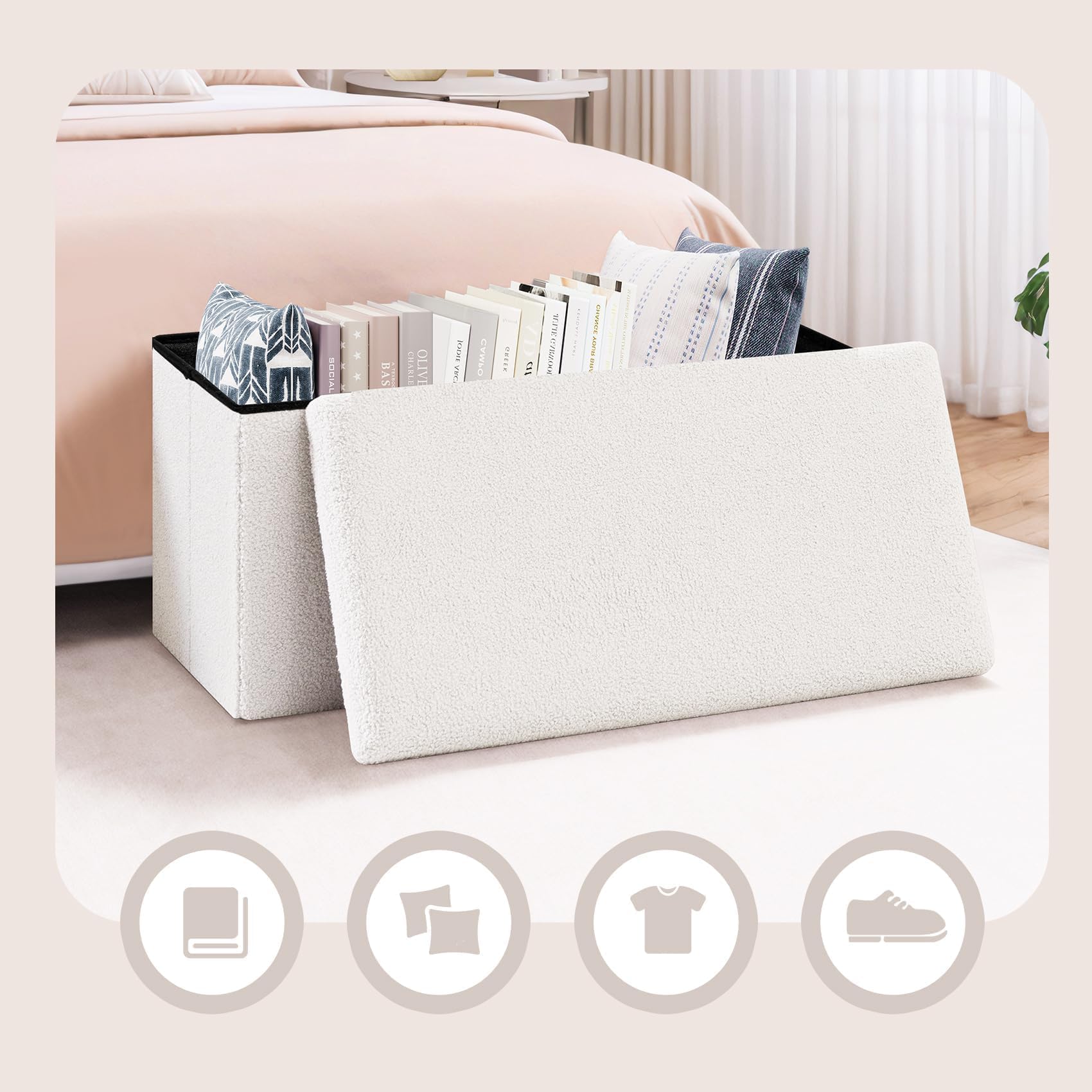 PINPLUS Panca Contenitore Pieghevole in Tessuto Peluche, Puff con Ampio Vano, Poggiapiedi Comodo per Camera, Salotto e Ingresso, 76.5x38x38 cm, Bianco