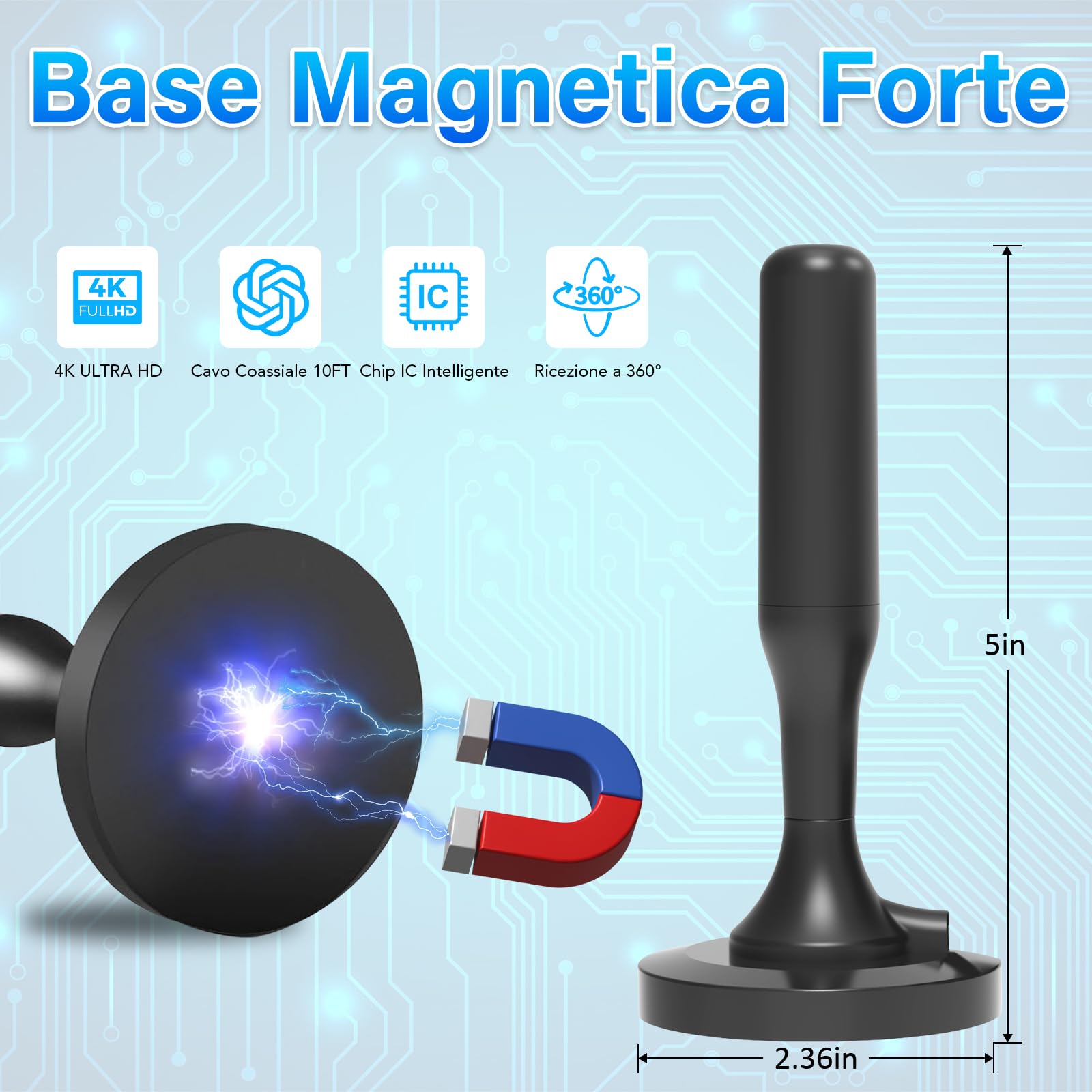Antenna TV Digitale Interna - Ricezione 4K 1080p Con Base Magnetica