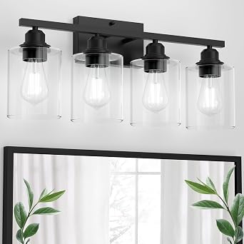 4-Light Bathroom Light Fixtures, Matte Black Bathroom Vanity Light, Modern Vanity Light Fixture Over Mirror with Clear Glass Shade, Small Bathroom Light for Mirror Living Room Hallway Cabinet