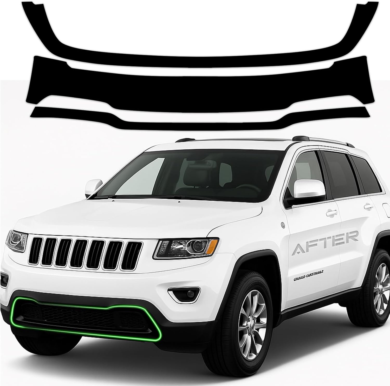 Front Bumper Chrome Delete Vinyl Wrap Overlay fit for 2014-2021 Jeep Grand Cherokee with Blackout Film Gloss Black Kits Accessories
