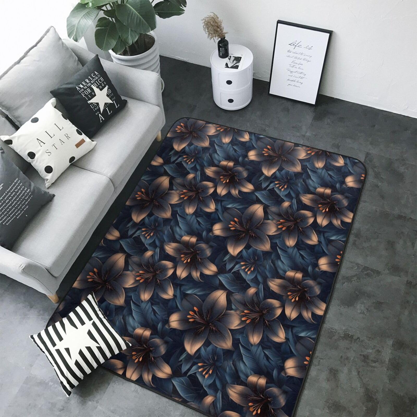 Grand tapis de salon à motif lys foncé 203x147 cm lavable