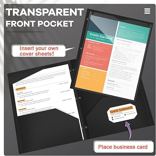 Miniatura 3 de Henoyso Paquete de 36 carpetas de 2 bolsillos con bolsillo frontal transparente de 3 agujeros perforados de plástico resistente con bolsillos para