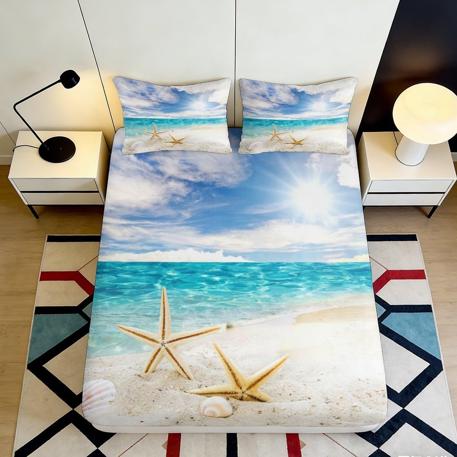 Pnayamiorkfel Style-2 3D Printed Beach Sunrise Fitted Sheet Microfiber Sand Starfish Mattress Cover For Bedroom Guest Room Easy Care Decor 90X200x25cm