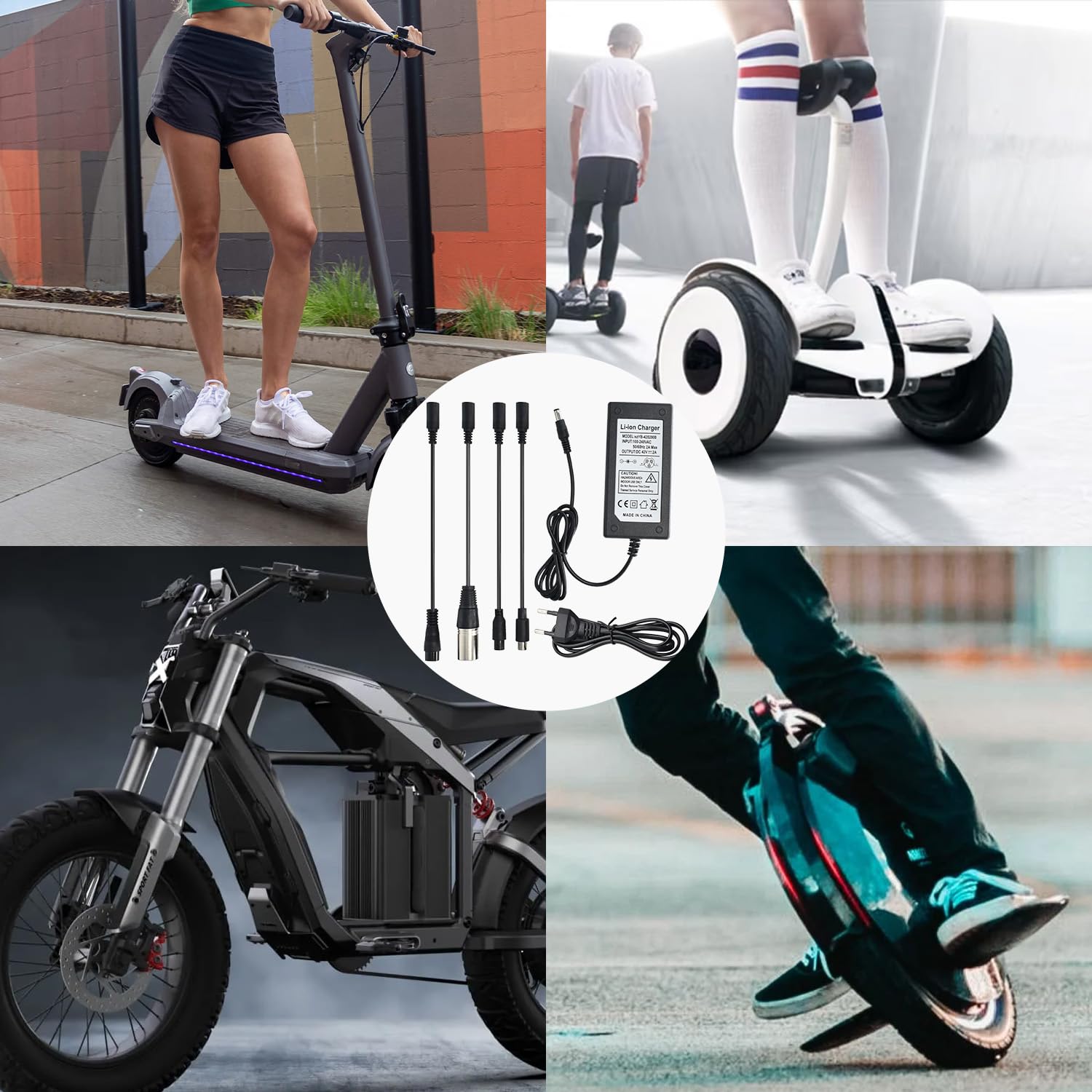 42V 2A Ladegerät für E Scooter, Hoverboard Ladekabel, Elektroroller Ladegerät für 36 V Lithium Batterie,Netzteil mit 5 Anschlüssen 8 mm 3 Zinken/12 mm 3 Zinken/8 mm RCA/3-poligen XLR-Stecker