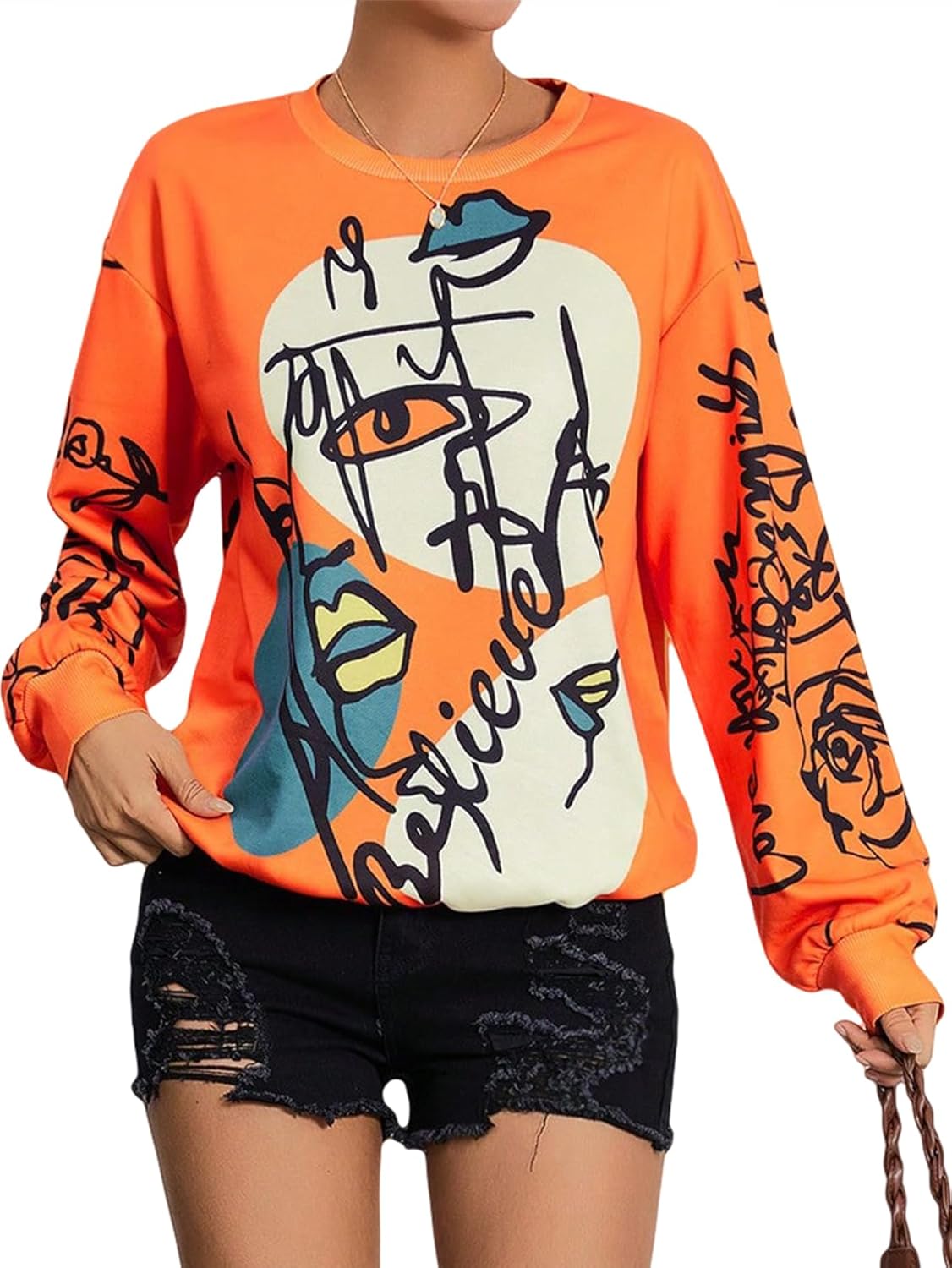 WDIRARA Women’s Figure Graphic Print Sweatshirt Round Neck Long Sleeve Contrast Color Graffiti Pullovers
