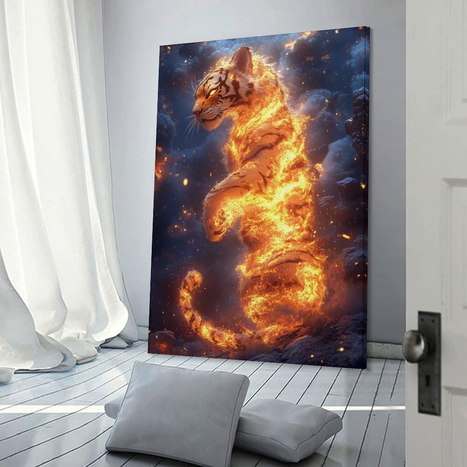 Junmoney Fiery Tiger Standing Amidst Smoky Landscape Home Decor Wall Art 08x12inch(20x30cm), for Living Room, Lounge Or Sitting Room, A Home Accent with Warm Character