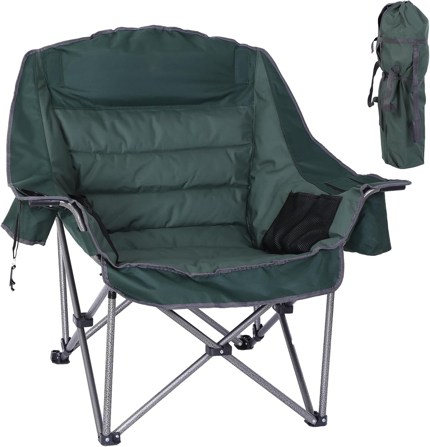 CDEN Oversized Camping Chair, Padded Lawn Chair, with Cup Holder, Side Pocket, Cooler Bag, for Camping, Hiking, Picnic, Travel, Festiva(1 Pack, Green)