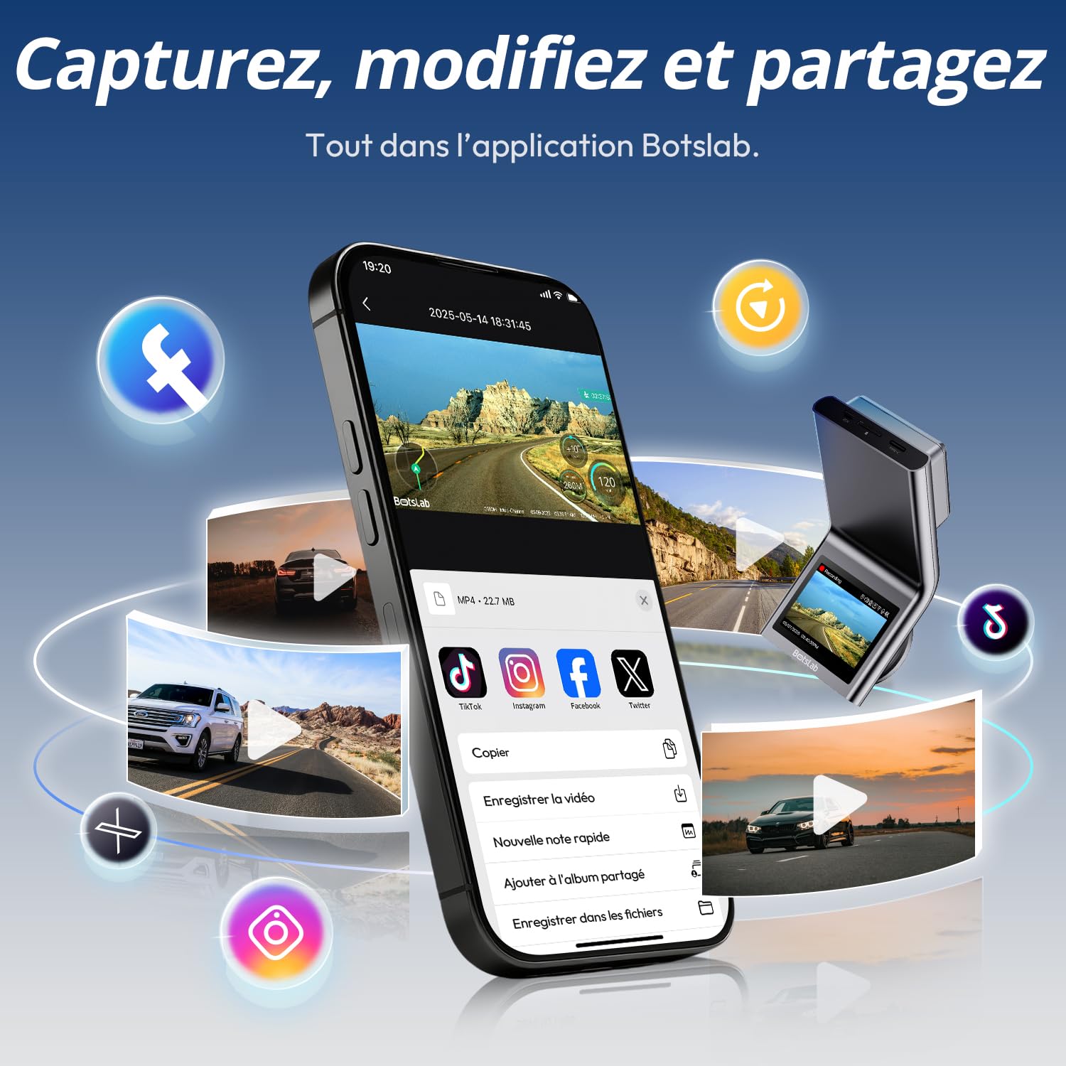 BOTSLAB 4K Dashcam Voiture GPS, Dashcam Voiture Avant Arrière avec Carte SD 64GB, 5G WiFi Camera Voiture Grand Angle 170°, Vision Nocturne,WDR,G-Capteur,Mode Stationnement24H, Enregistrement en Boucle