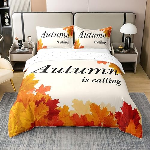 Miniatura 7 de jejeloiu Juego de funda de edredón de otoño 100% algodón, tamaño King, para niños y niñas, juego de ropa de cama de hojas de arce de otoño