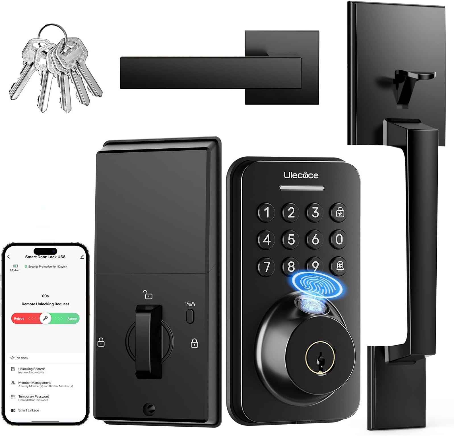 Ulecoce Fingerprint Keypad Deadbolt with Handle Set, Keyless Entry Door Lock, App Control, Smart Door Locks for Front Door, Auto Lock&One-Touch Lock, One-Time Code, 5 Key, Easy to Install