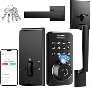 Ulecoce U68H Fingerprint Door Locks for Front Door with Handle Set, Black | Keyless Entry Keypad Deadbolt, App Control, Auto Lock, One-Touch Lock, Anti-Peep Code, One-Time Code, 5 Keys, IP54 Waterproof