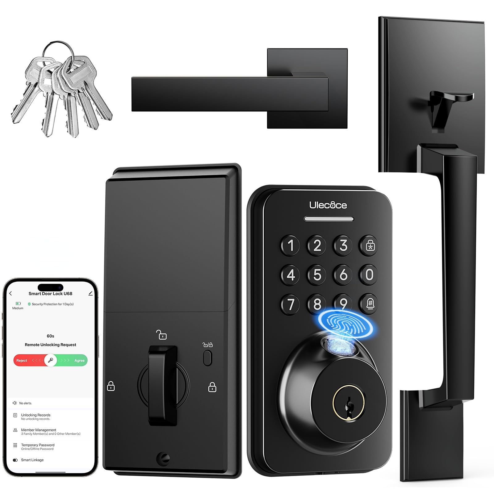 Photo 1 of Ulecoce U68H Fingerprint Door Lock with Handle Set, Black