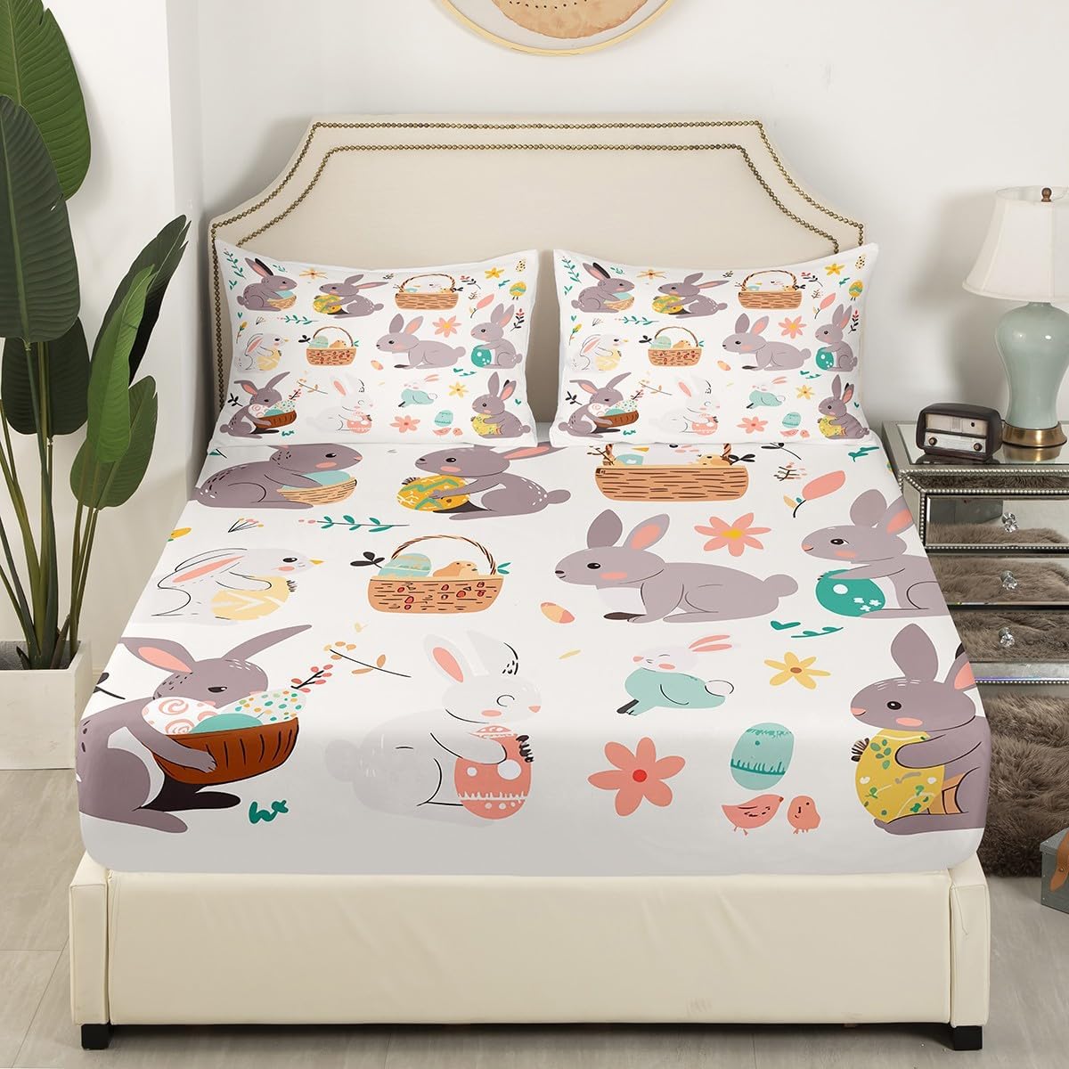 Easter Eggs Decor Kawaii Bed Sheets Full,Rainbow Easter Egg Bedding Sets Multicolor Boho Floral Fitted Sheet,Watercolor Flowers Cute Room Decor Easter Decorations for The Home