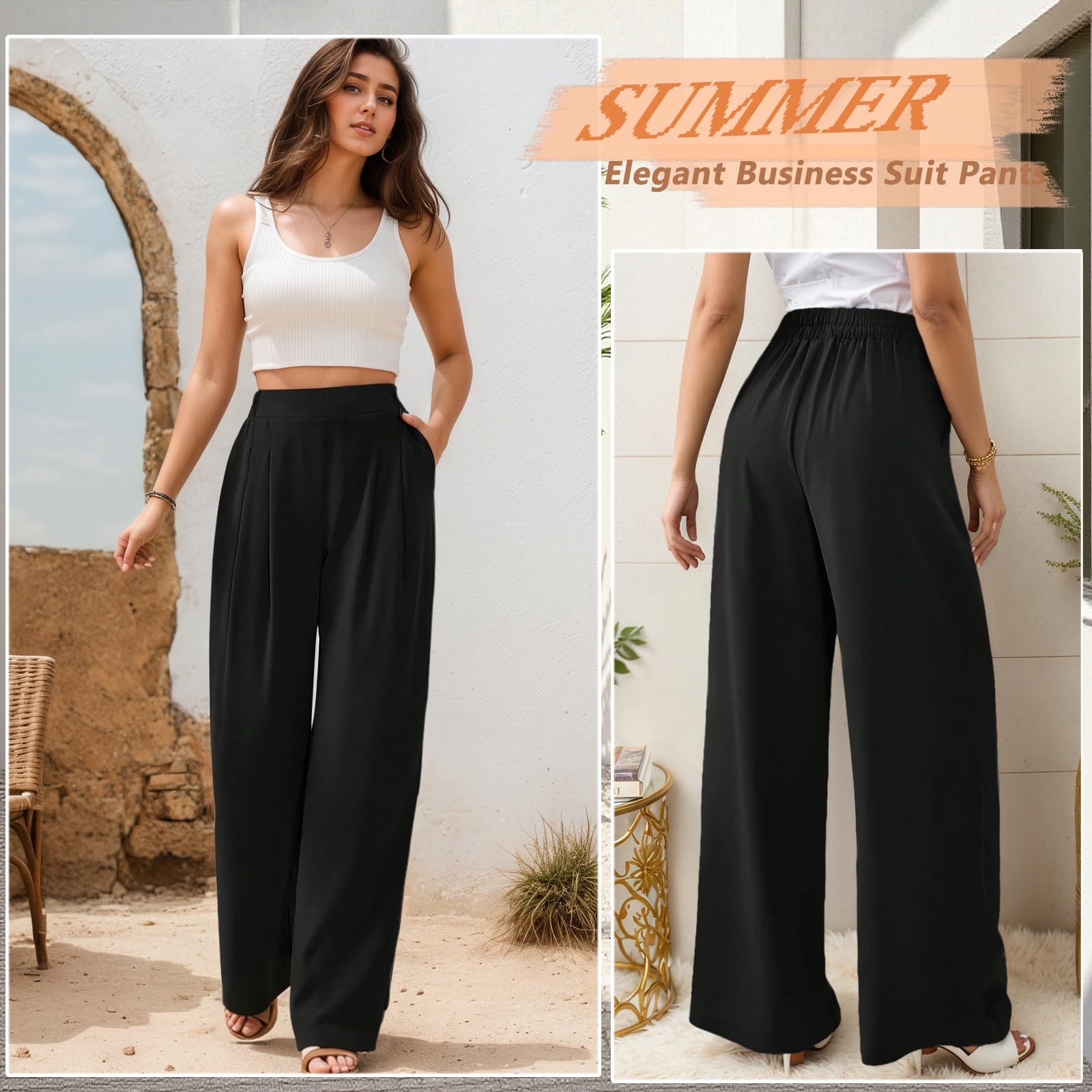 Pantalon Fluide Femme Eté Taille Haute Léger Pantalon à Jambe Large Chic et Elegant Elastique Ample Décontractée Travail Droit Pants Longueur avec Poches