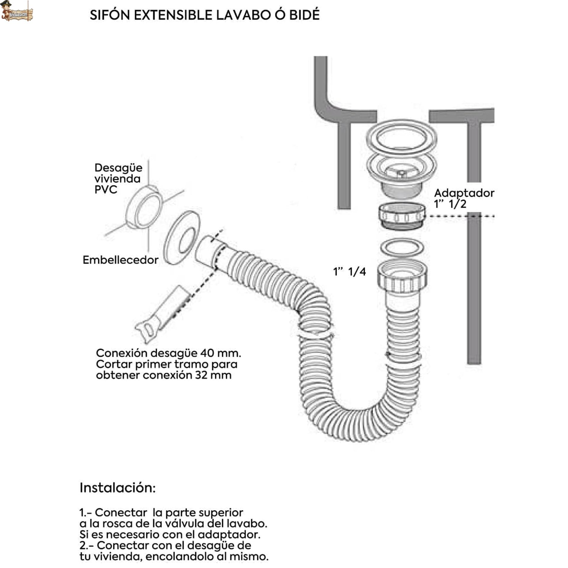 BricoLoco.com Sifón desagüe tubo flexible y extensible. UNIVERSAL de 1-1/4” ó 1-1/2”, y salida de 32 ó 40 mm. Para lavabo, fregadero, bidé, baño ó cocina. Manguera desagüe blanco. (1) - 4