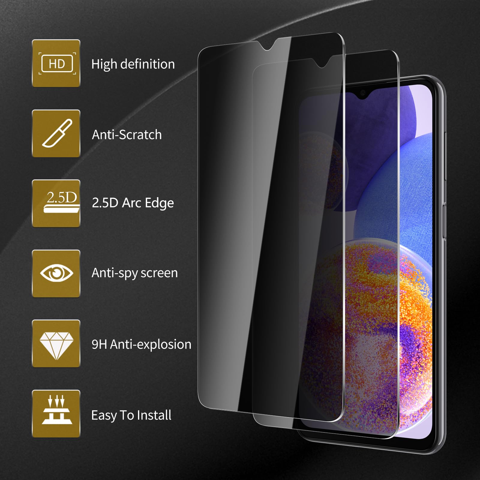 Ochraniacz ekranu do Samsung Galaxy A23 4G/5G, szkło hartowane o twardości 9H, czarny ochraniacz antyszpiegowski, bez pęcherzyków powietrza, odporne na zarysowania, 3 szt