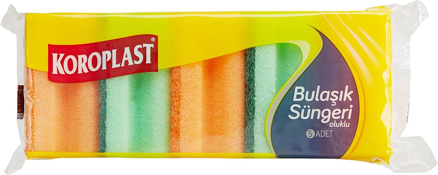 Koroplast Çift Taraflı Oluklu Bulaşık Süngeri 5'li, Çizik & İz Bırakmaz, Yağ ve Leke Çıkarıcı Mutfak Temizlik Süngeri, Tava, Tencere, Tabak, Bardak, Çatal, Bıçak, Ocak, Tezgah, Cam & Seramik Yüzeyler