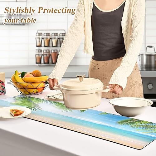 Miniatura 2 de Camino de mesa de verano con cocoteros verdes de 40 pulgadas de largo para ollas y sartenesplatos calientes, protector de mesa de calor hasta 230 F,