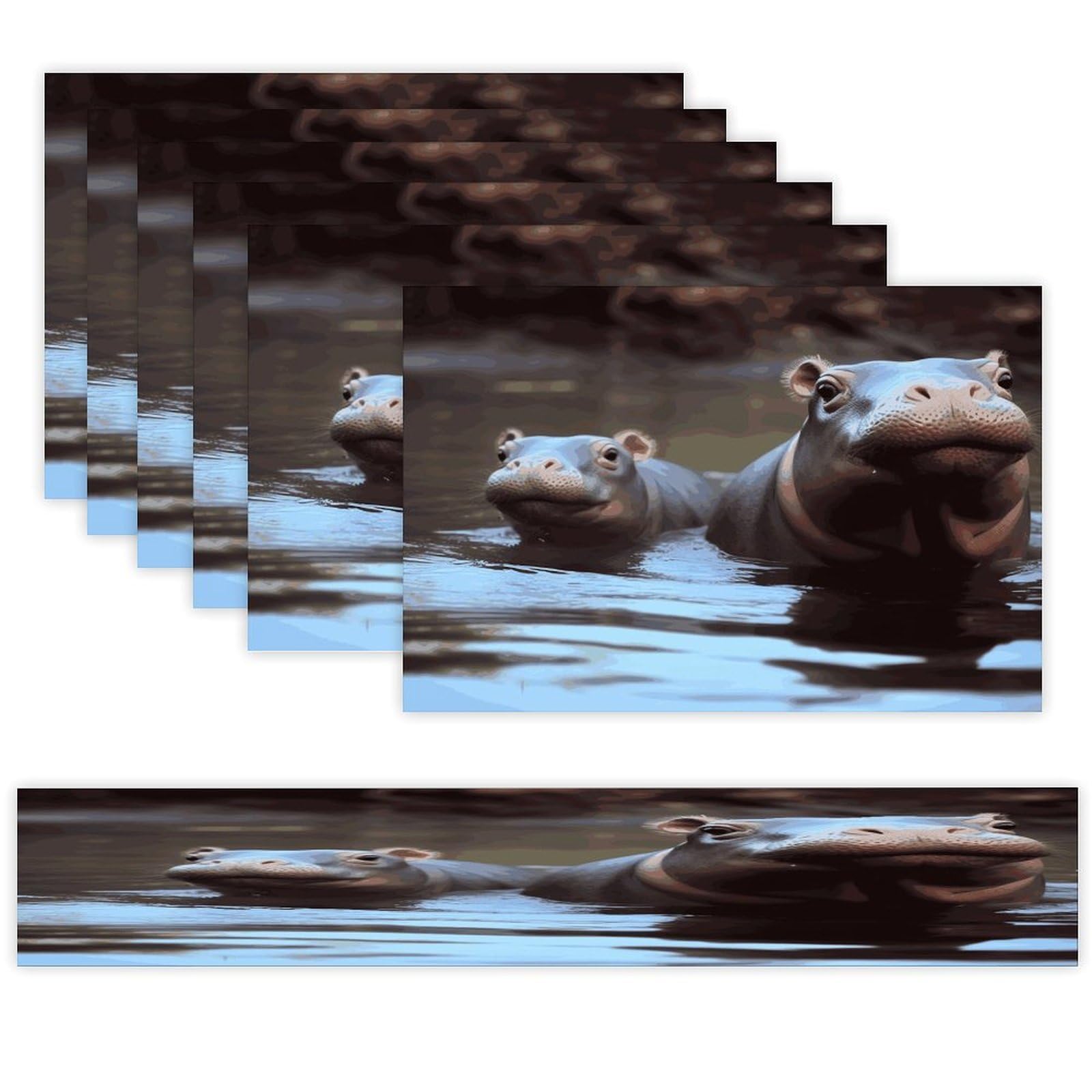 Hippos Table Runner and Placemats Set of 6 for Kitchen Washable Table Mats Heat Resistant Place Mats Non-Slip Place Mat Wipeable Placemat(6 Placemats+1 Table Runner)