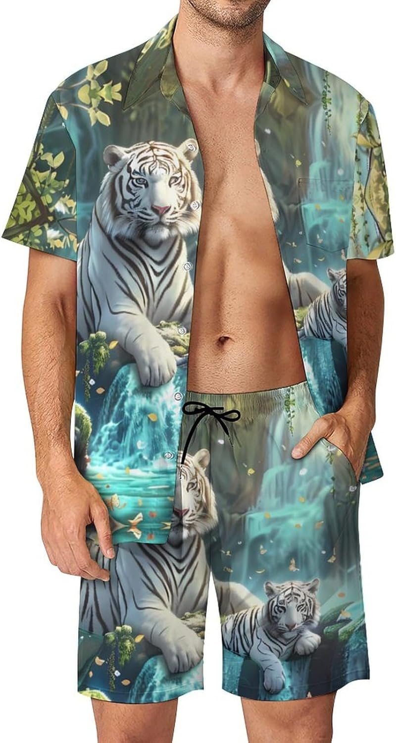 White Tiger Waterfalls Men's Summer Beach Outfits Shirt And Shorts Set 2 Piece Vacation Swimwear