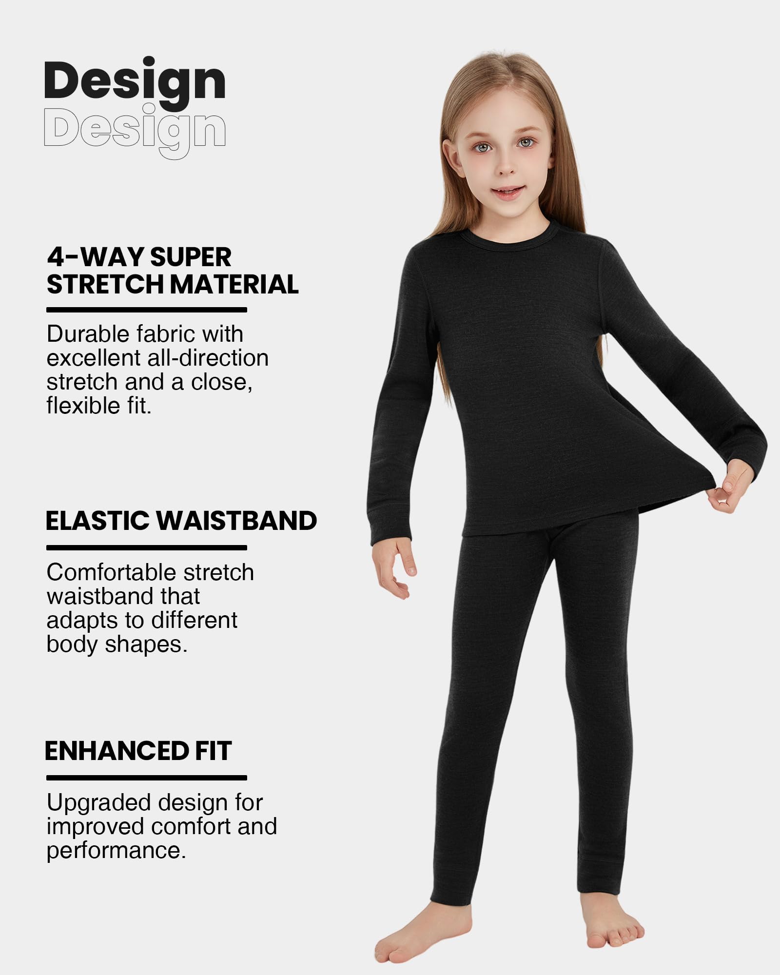Bielizna termiczna dla dzieci, unisex, 100% wełna z merynosów, zestaw dla chłopców i dziewczynek, bielizna narciarska na zimę, ciepła i wygodna, 260 g/m², czarna 11-12