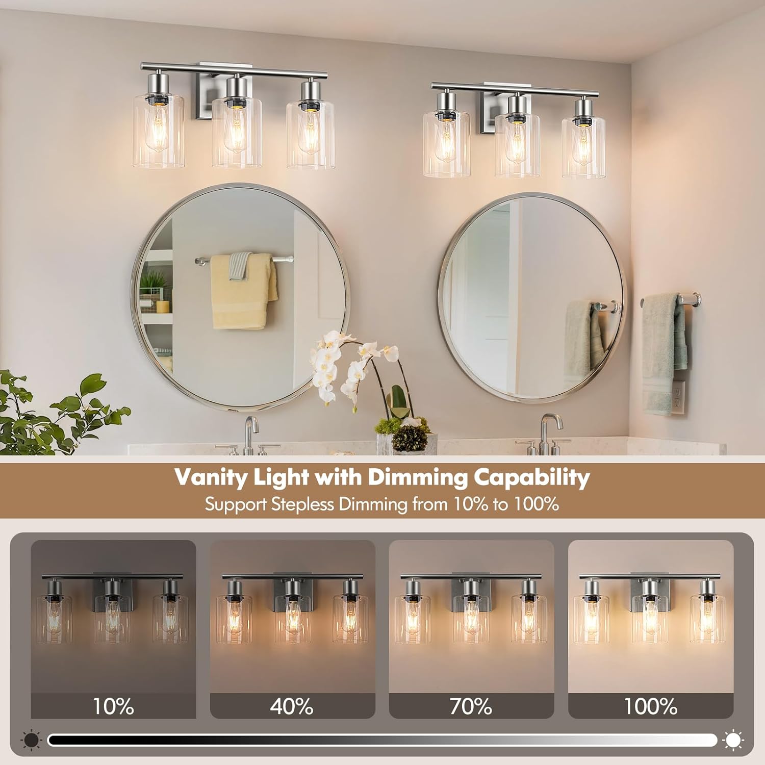 Battery Operated Wall Sconce, 3-Light Dimmable Rechargeable Vanity Light Fixture with Remote & Bulbs, 3-Light Silver Wireless Indoor Non-Hardwired Wall Lamp for Bedroom, Living Room, Cabinet, Porch