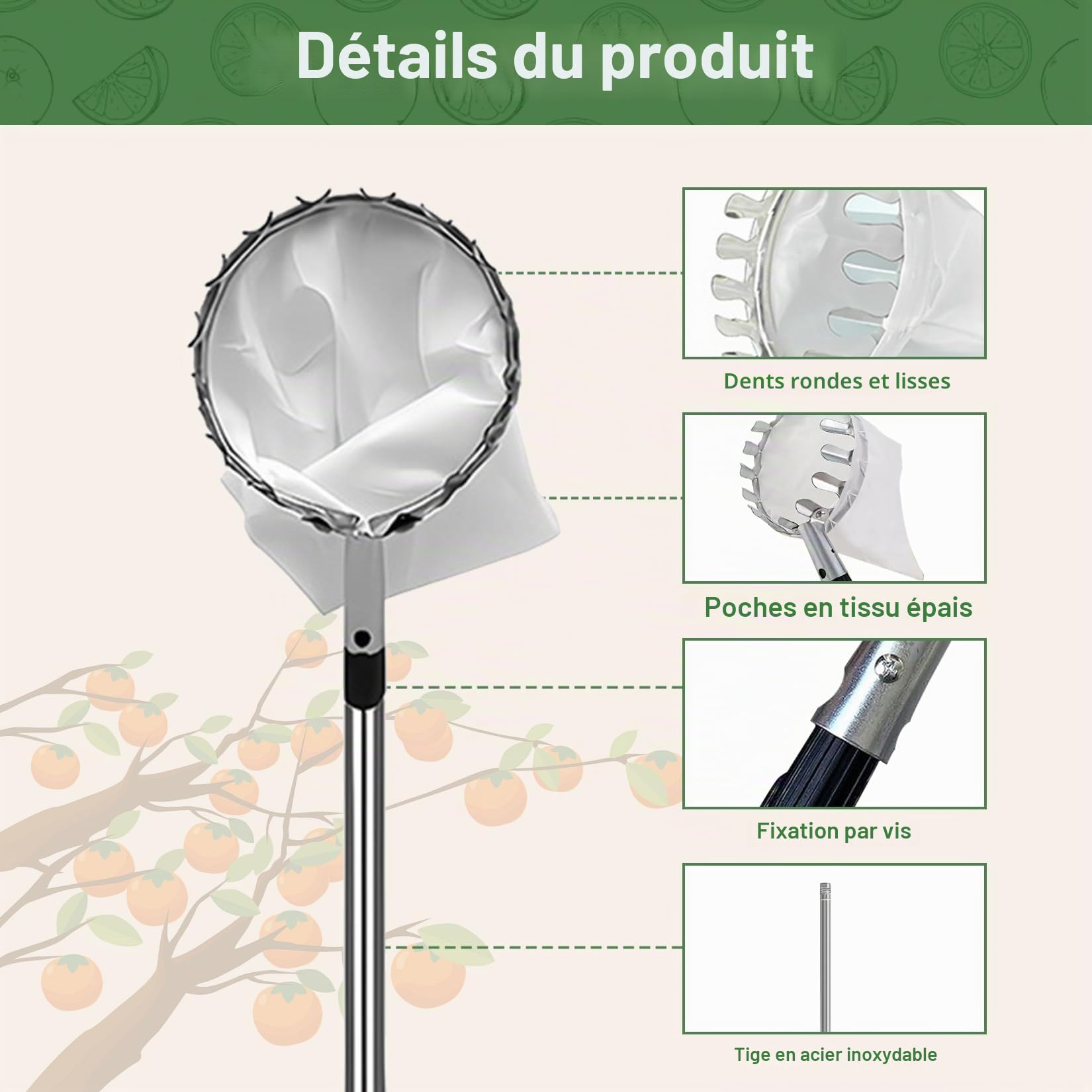 Idota Cueille Fruit Telescopique 4M Ramasse Pomme avec Perche Télescopique INOX et Sac Diamètre 16 cm Cueille Fruit pour Cerises Pommes Poires