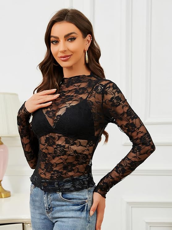 Donnalla Women Mesh Floral Lace Long Sleeve Tops Sexy See Through Layering Undershirt Blouse Crew Neck Sheer Casual Shirts