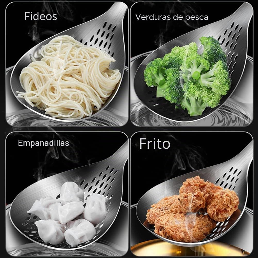 Cuchara ranurada para el hogar y la cocina, cuchara de aceite de filtro, colador de acero inoxidable, con cómodo y agujeros para colgar, para cocinar, escurrir y freír en la cocina