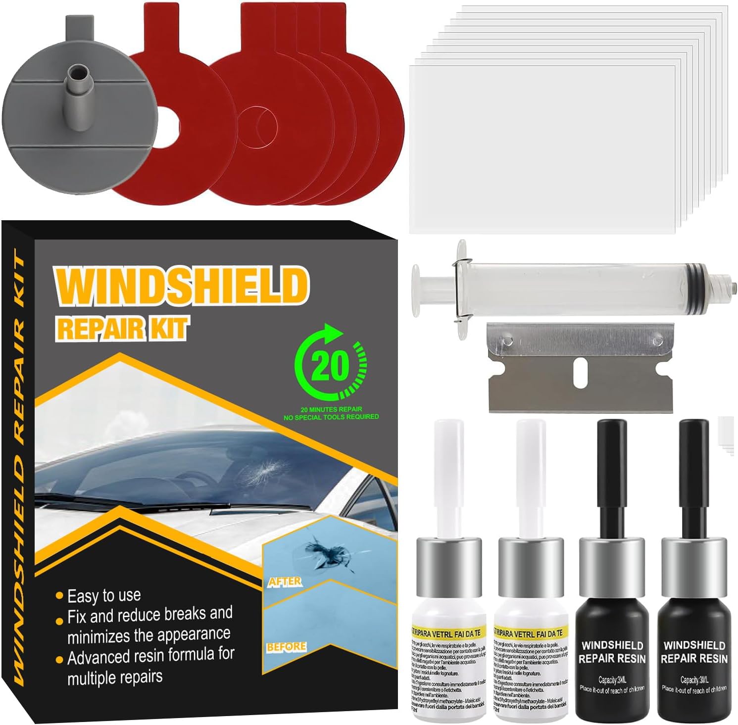 ProLift Windscreen Repair Kit, Windshield Repair Kit with Enhanced Injection Head, 4 Pack