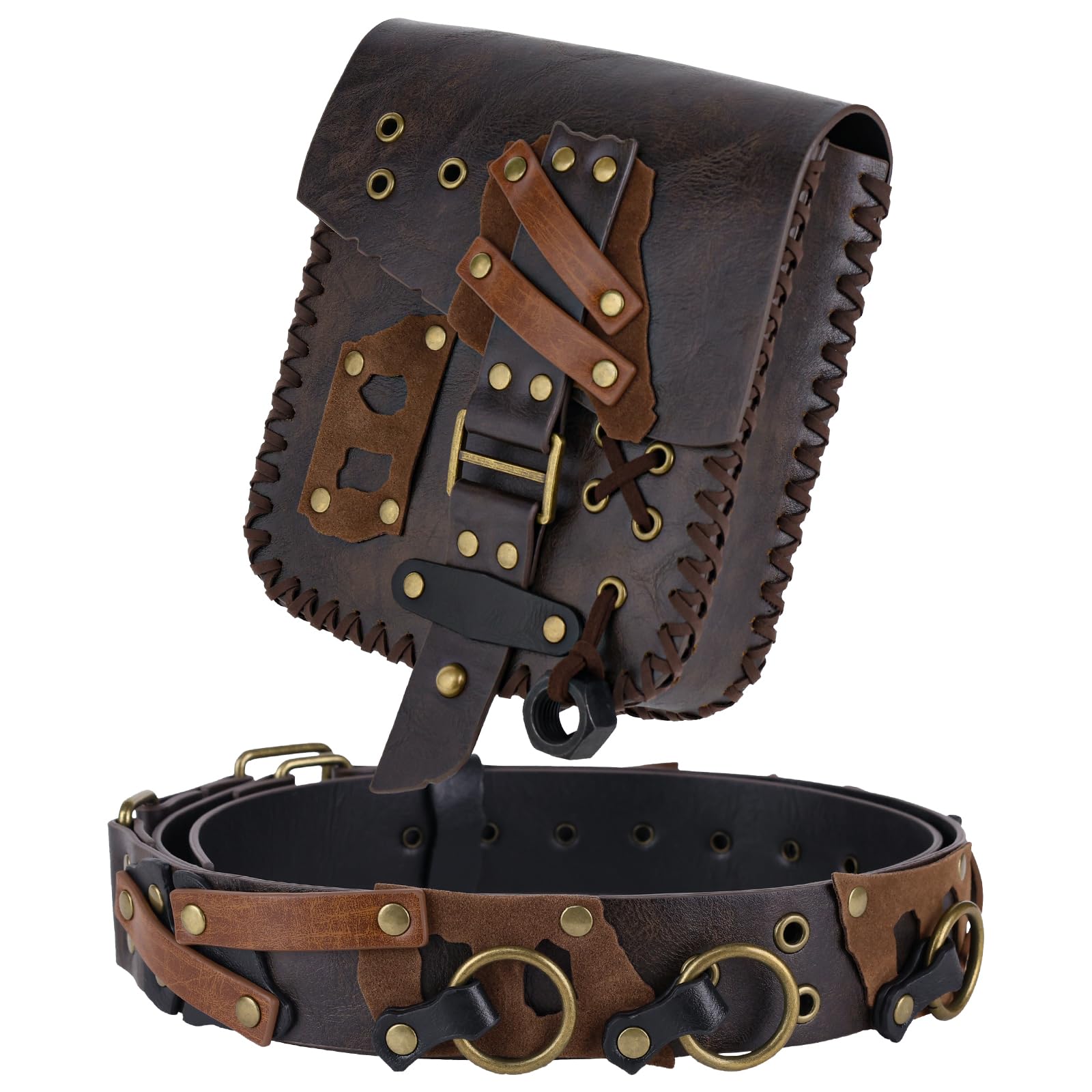 HiiFeuer Mittelalter Wüsten Gürteltasche, Renaissance-Gürtel aus Kunstleder mit Steampunk-Gürteltasche für postapokalyptische Kleidung(Braun A)