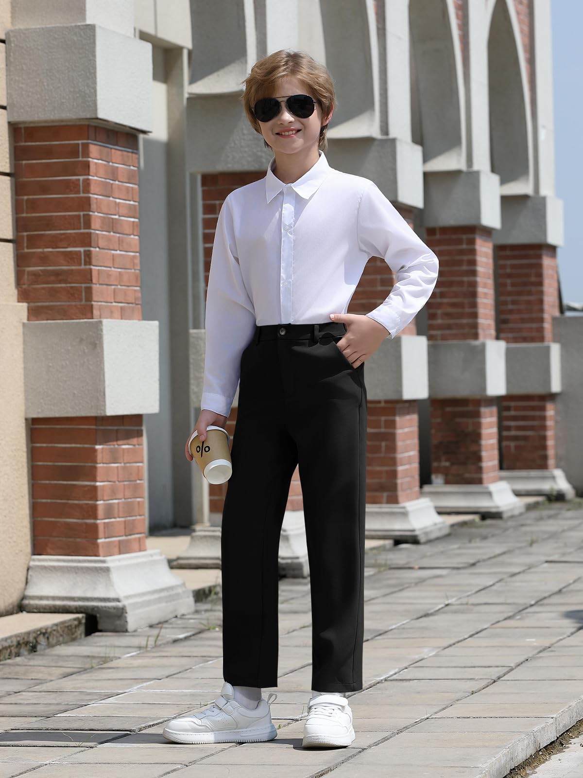 Haloumoning Pantalones de vestir para niños con cintura elástica y pierna recta, pantalones casuales con bolsillos