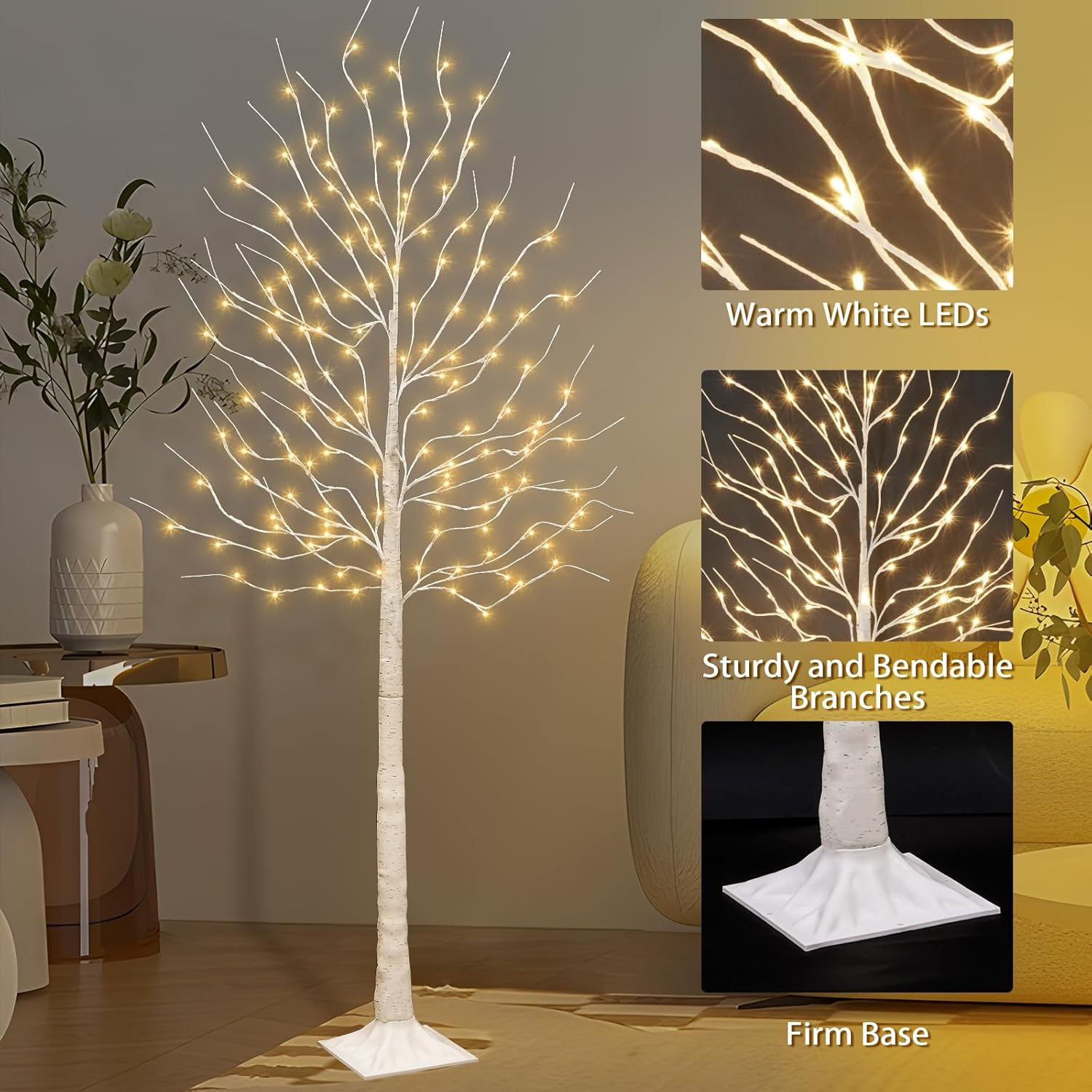 2PK Lighted Birch Tree with 144 Warm White Lights, 8 Modes Prelit White Artificial Christmas Trees for Holiday Indoor Outdoor Decor Garden Wedding Party Bedroom Decoration