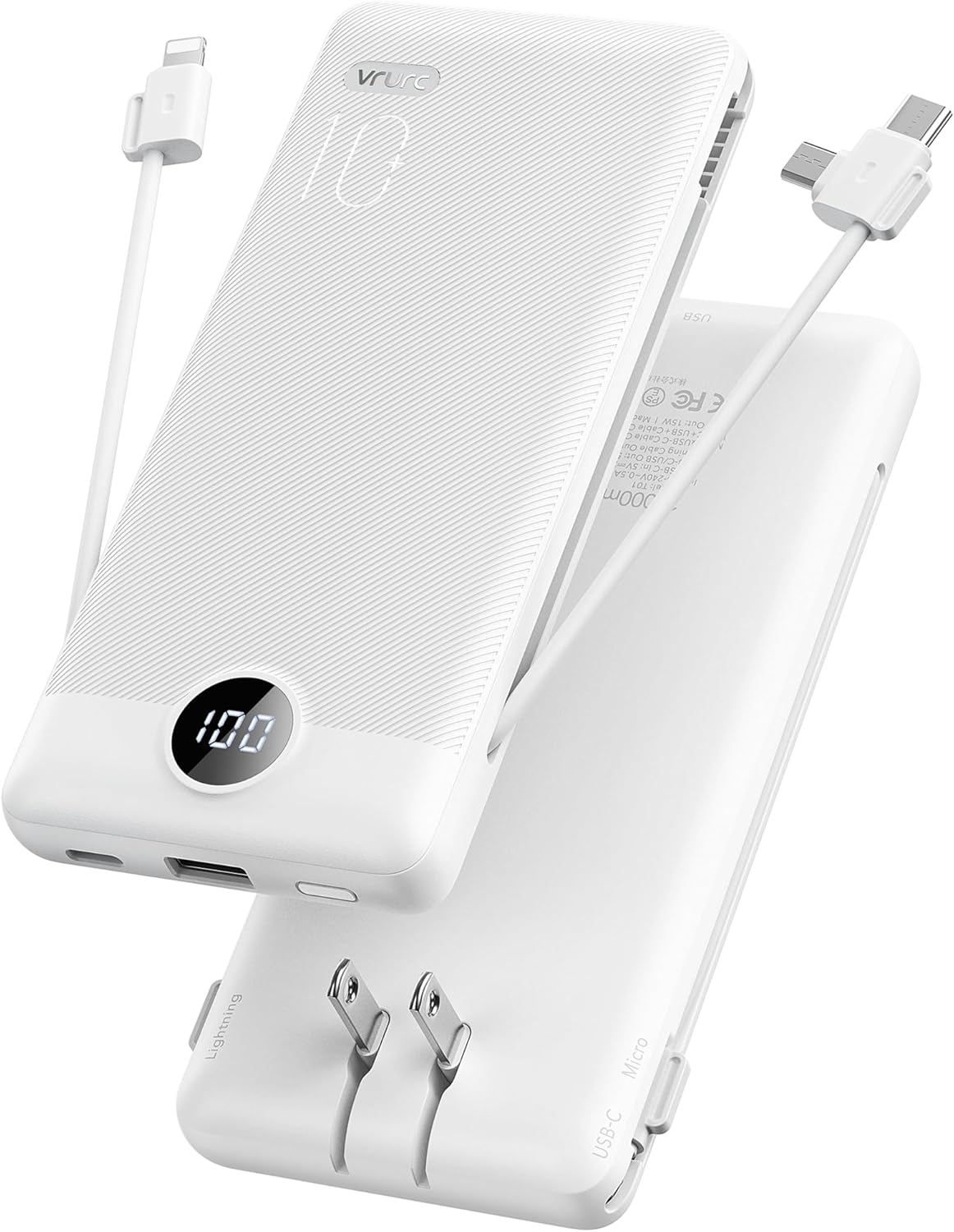 VRURC Portable Charger with Cables and Wall Plug | Power Bank with Cords | 10000mAh Portable Charger with AC Plug | External Battery Pack (Pure White)