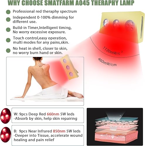 Miniatura 3 de Terapia de luz roja en casa - SMATFARM Dispositivo de terapia de luz infrarroja de 660 nm y lámpara de luz infrarroja cercana para alivio del dolor,