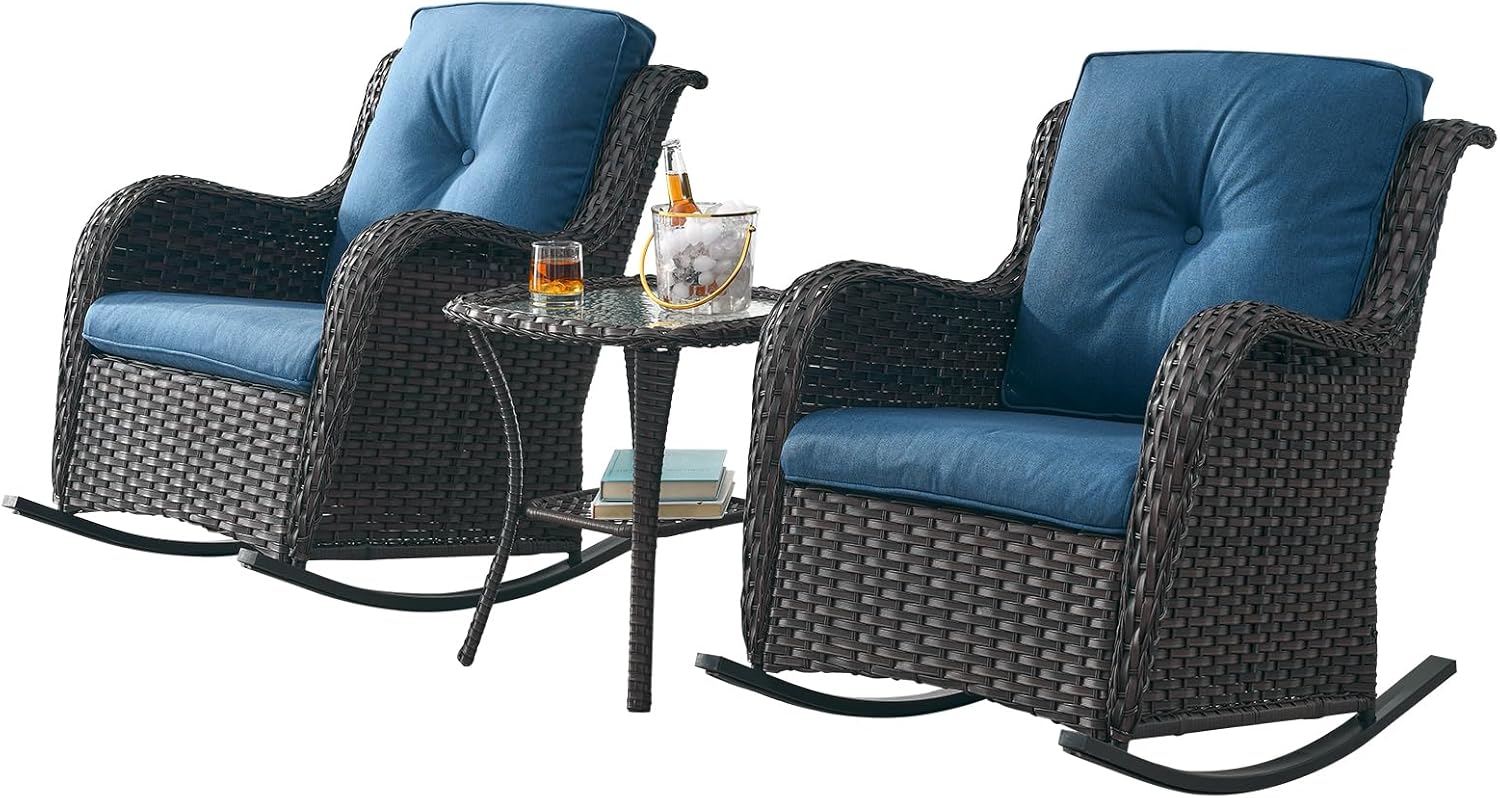 Rilyson Patio Chairs Outdoor Rocking Chair - 2 Piece Wicker Rattan Rocker Chairs Set with High Back and Deep Seating for Porch Deck Garden Backyard(Brown/Beige)