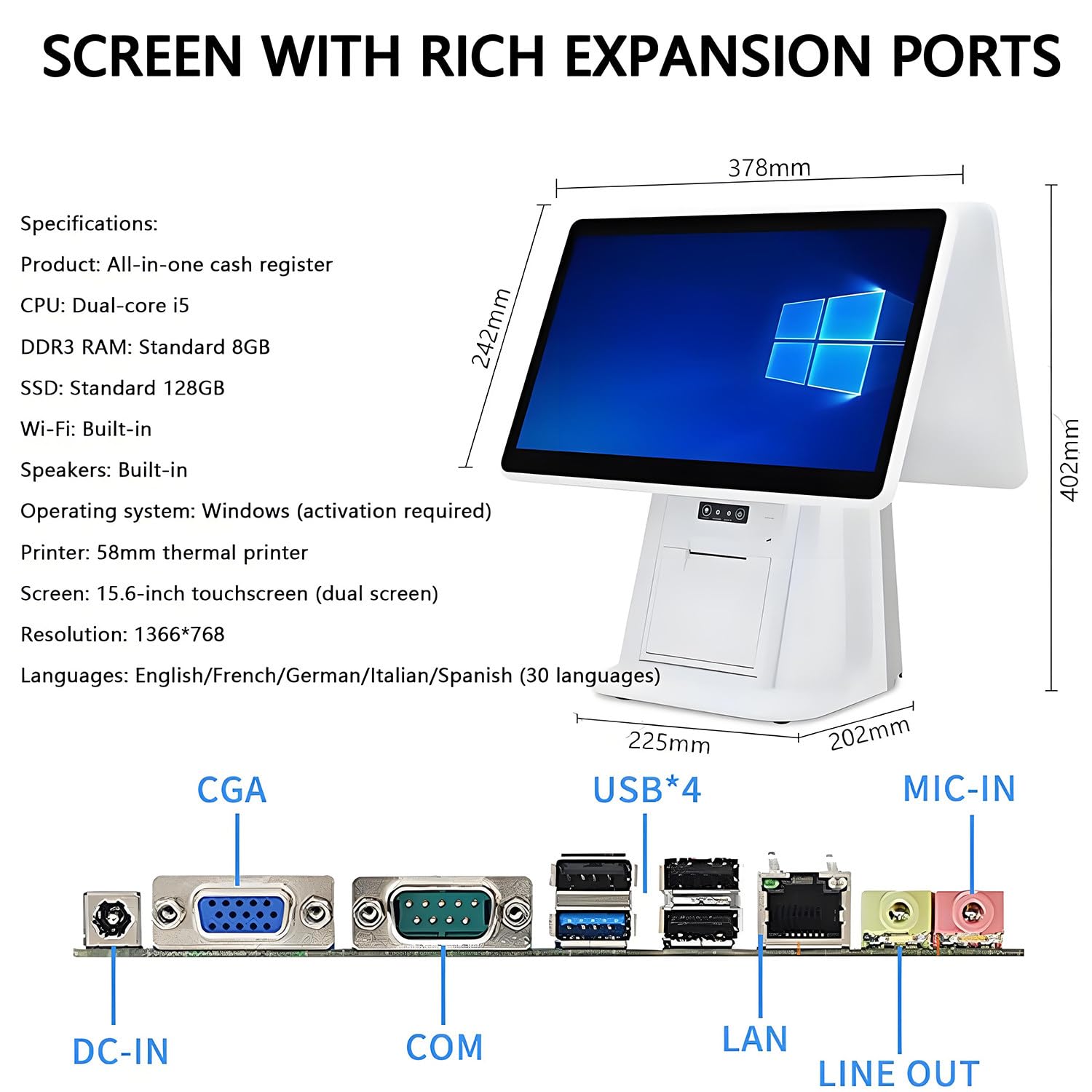 Caja registradora inteligente todo en uno con pantalla dual de 15,6 pulgadas,sistema de punto de venta con PC táctil,impresora de recibos integrada,para pequeñas empresas,minoristas y supermercados