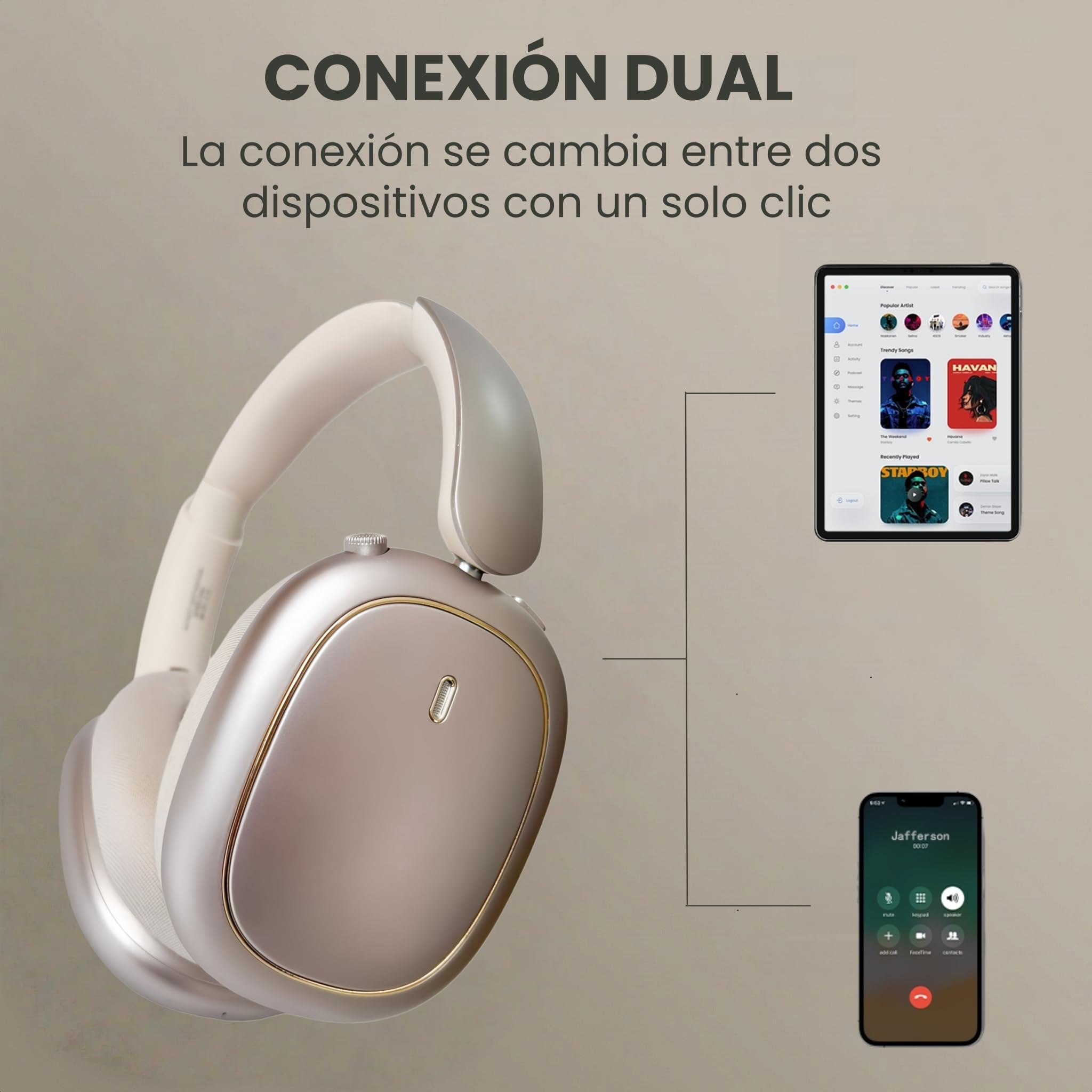 ND905-ANC Auriculares Inalámbricos Diadema Bluetooth 5.4, Cancelación Ruido Activa (3 Modos), 3 Ecualizadores, 40H Autonomía, Almohadillas Magnéticas y Conexión Dual (Beige)