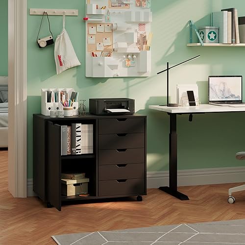 Miniatura 2 de Maxtown - Armario de almacenamiento móvil de 5 cajones, cómoda de madera con puerta, soporte de impresora con estantes de almacenamiento para