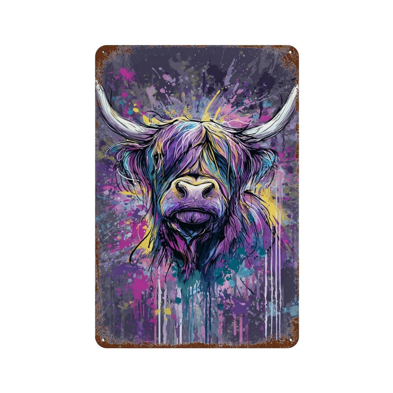 Colorful Highland Cow Art Print-3 Rusty Metal Tin Sign 11.8"x7.9", Old School Wall Decor for Garage, Pub Or Kitchen