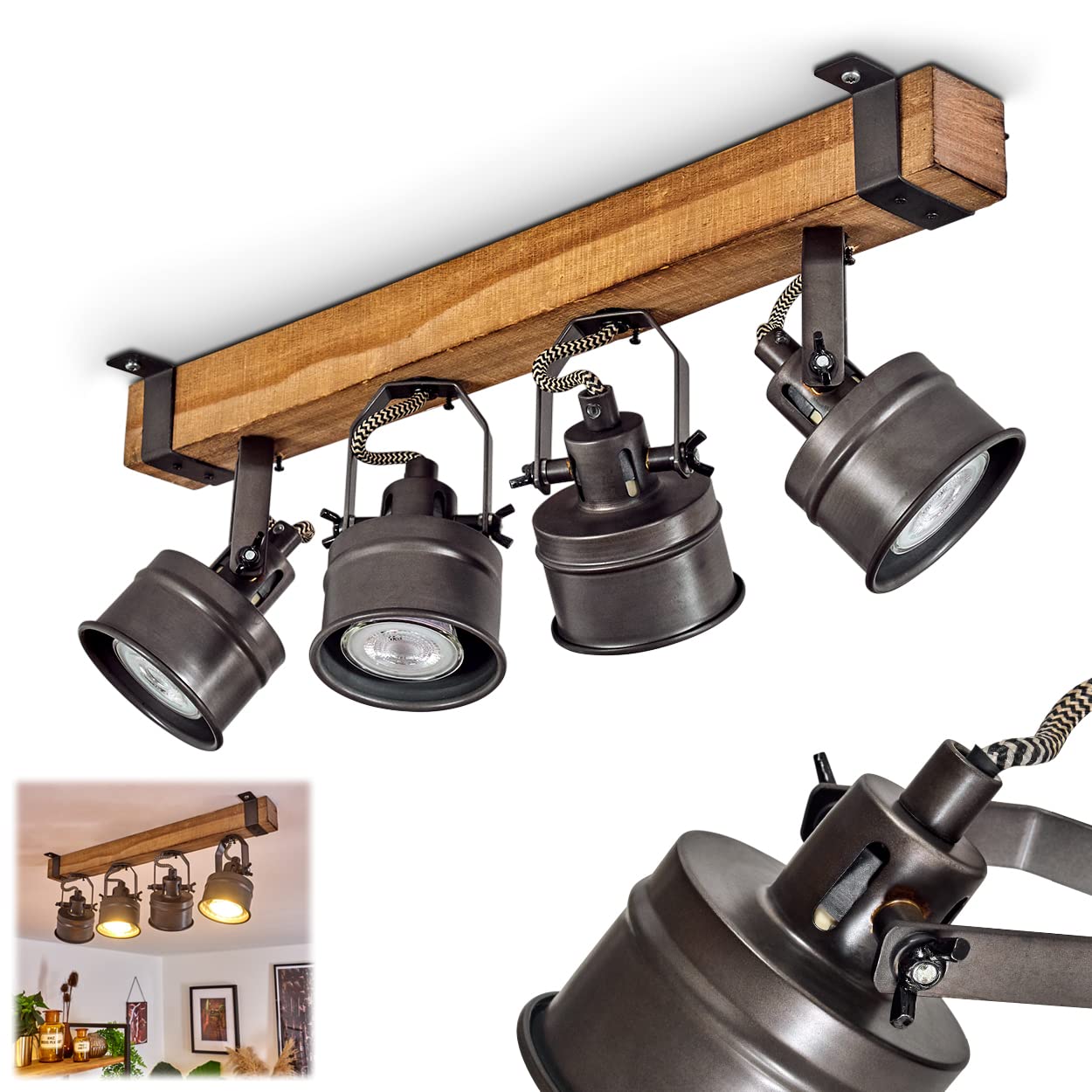 HOFSTEIN Deckenleuchte Pehefito, verstellbare Deckenlampe aus Metall/Holz in Schwarz/Braun, Leuchte im Industrial/Retro/Vintage-Design mit Holzbalken, 4 x GU10, Wohnzimmer, Esszimmer, Schlafzimmer